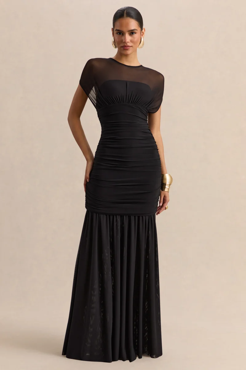 Kalene | Vestido largo negro de cuello de barco con detalles transparentes - Imagen 2