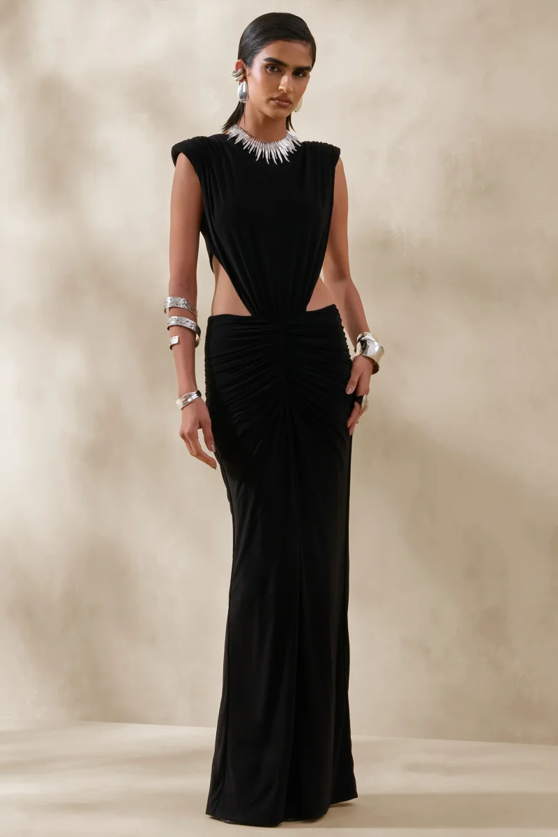 Imelda | Vestido Largo Negro De Jersey Elástico Con Escote Barco Y Cut-Out - Imagen 5
