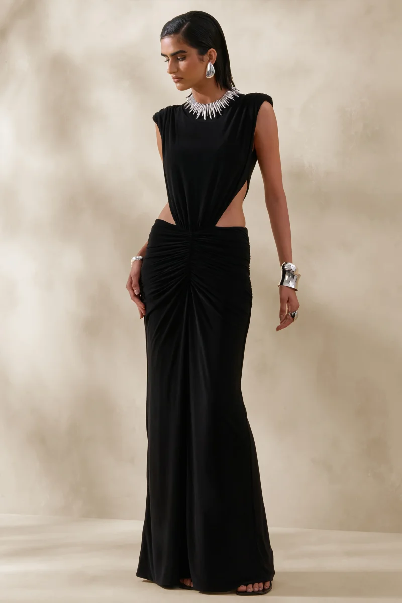Imelda | Vestido Largo Negro De Jersey Elástico Con Escote Barco Y Cut-Out - Imagen 6