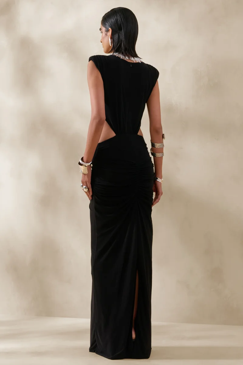 Imelda | Vestido Largo Negro De Jersey Elástico Con Escote Barco Y Cut-Out - Imagen 3