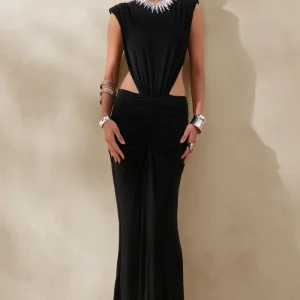 Imelda | Vestido Largo Negro De Jersey Elástico Con Escote Barco Y Cut-Out