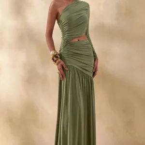Kinsley | Vestido Largo Verde Oliva con escote asimétrico y detalle de abertura