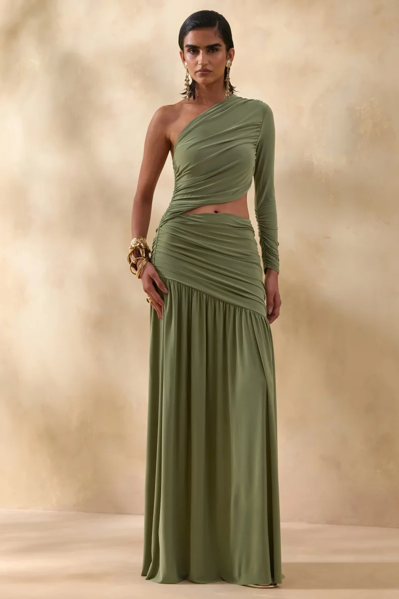Kinsley | Vestido Largo Verde Oliva con escote asimétrico y detalle de abertura - Imagen 7