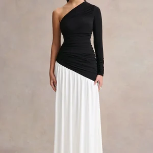 Danila | Vestido Largo Asimétrico Negro y Blanco con Cintura Caída