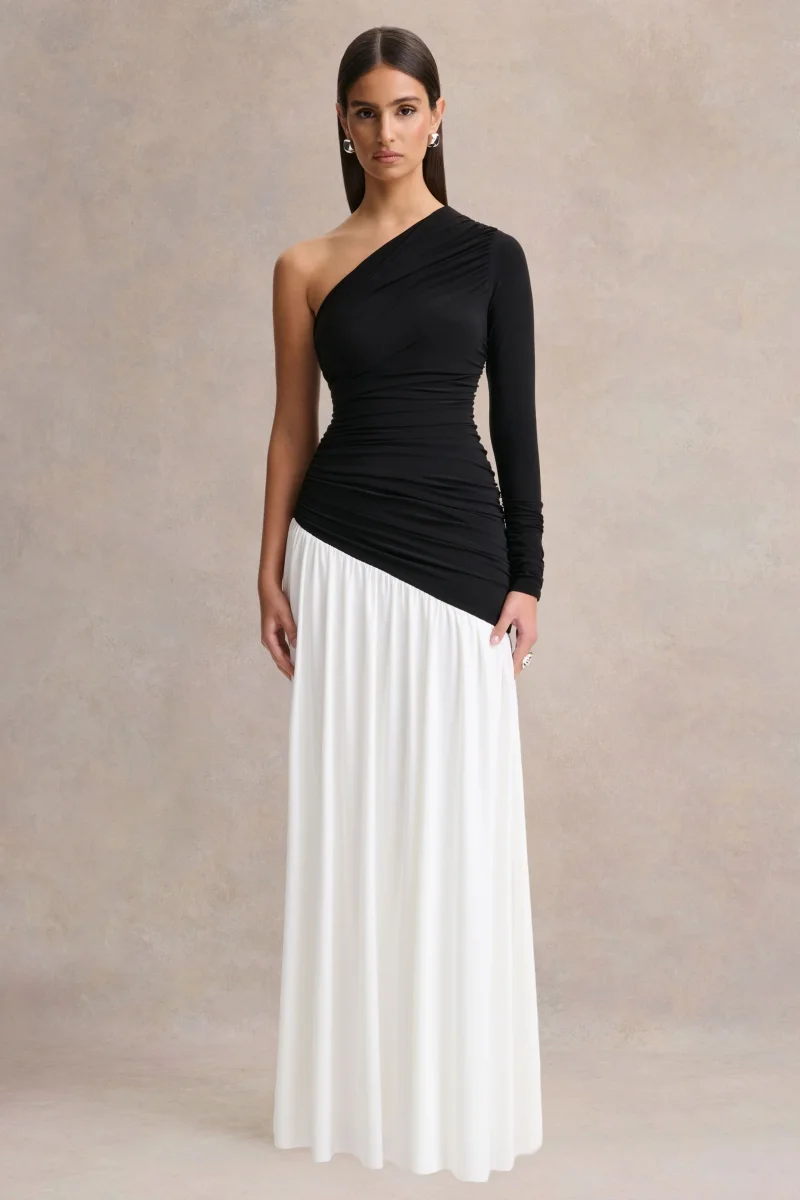 Danila | Vestido Largo Asimétrico Negro y Blanco con Cintura Caída
