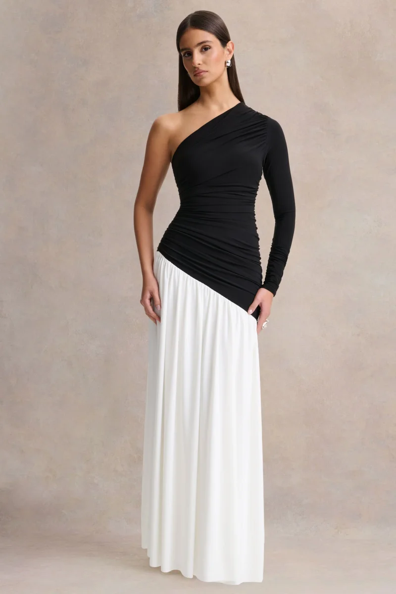 Danila | Vestido Largo Asimétrico Negro y Blanco con Cintura Caída - Imagen 5