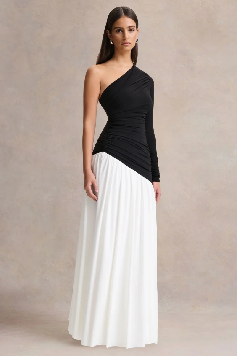 Danila | Vestido Largo Asimétrico Negro y Blanco con Cintura Caída - Imagen 6