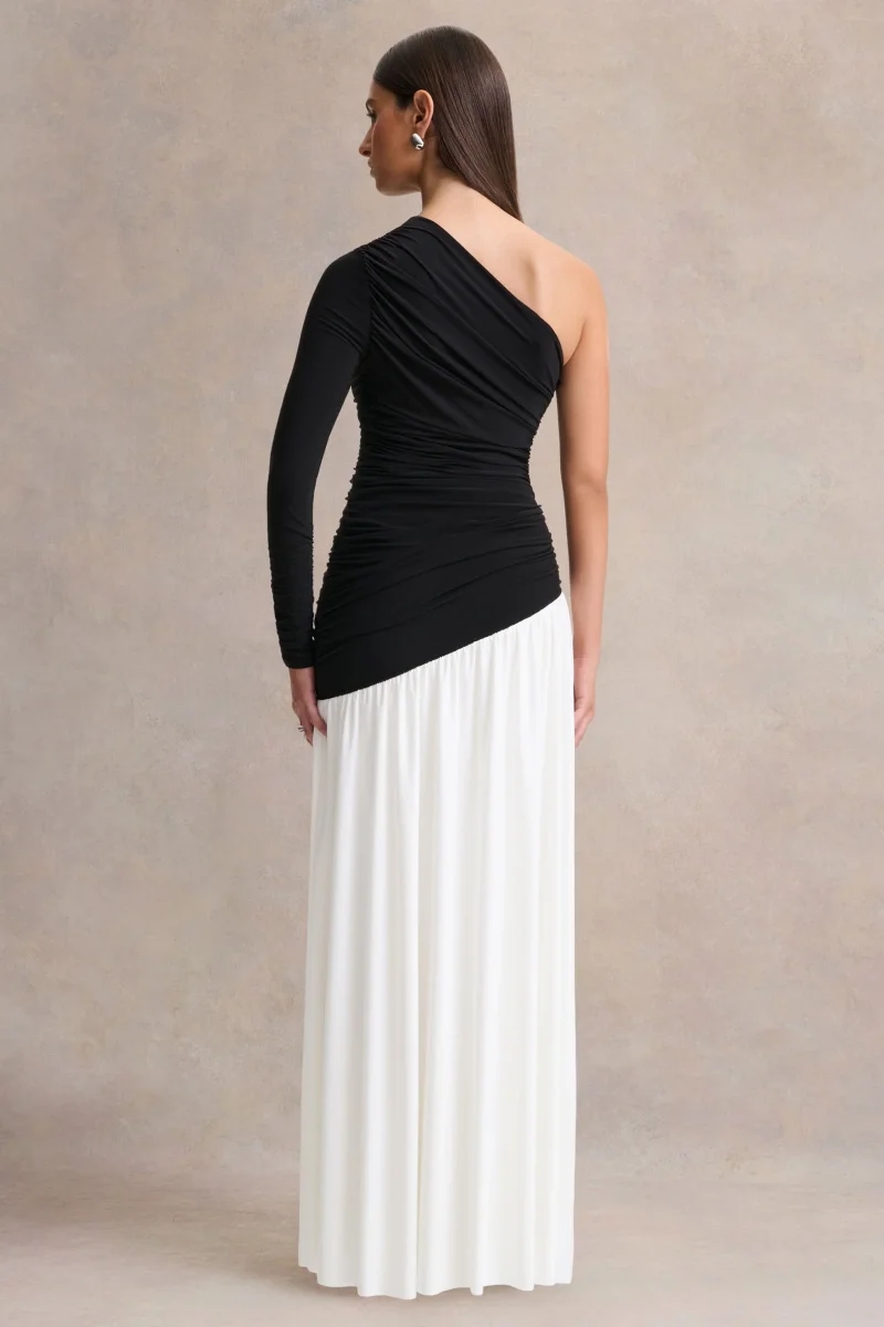 Danila | Vestido Largo Asimétrico Negro y Blanco con Cintura Caída - Imagen 3