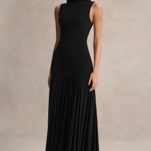 Gigi | Vestido Largo Negro de Cuello Alto, Cintura Caída y Falda Transparente
