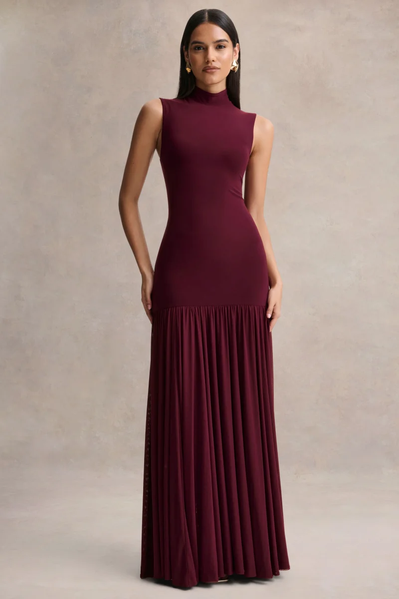 Gigi | Vestido Largo Burdeos de Cuello Alto, Cintura Caída y Falda Transparente - Imagen 2