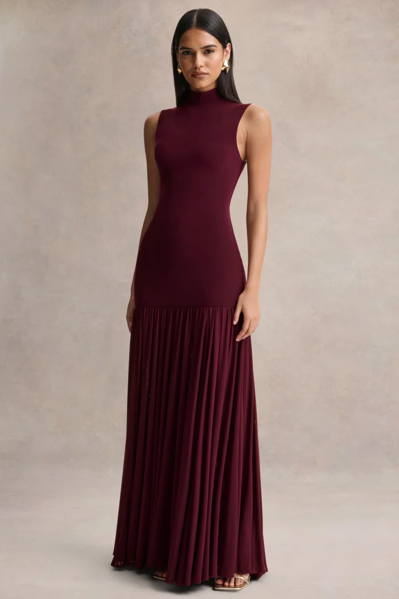Gigi | Vestido Largo Burdeos de Cuello Alto, Cintura Caída y Falda Transparente - Imagen 6