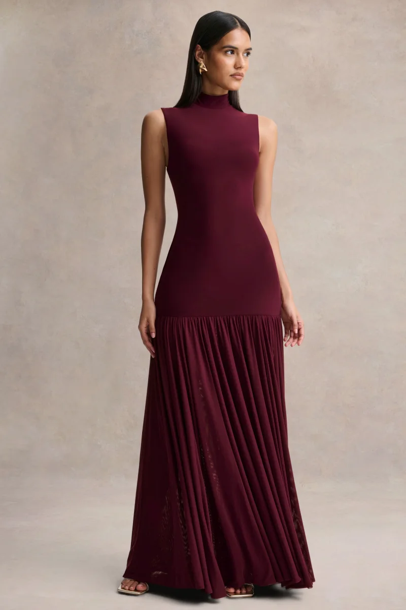 Gigi | Vestido Largo Burdeos de Cuello Alto, Cintura Caída y Falda Transparente - Imagen 7