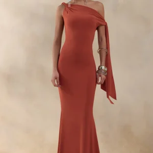 Vista | Vestido Largo Asimétrico de Cuello con Detalle de Nudo en la Manga, Color Óxido
