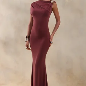 Blaire | Vestido Largo marrón con escote asimétrico y detalle dorado
