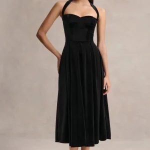 Esmeray | Vestido midi de terciopelo negro con escote corazón