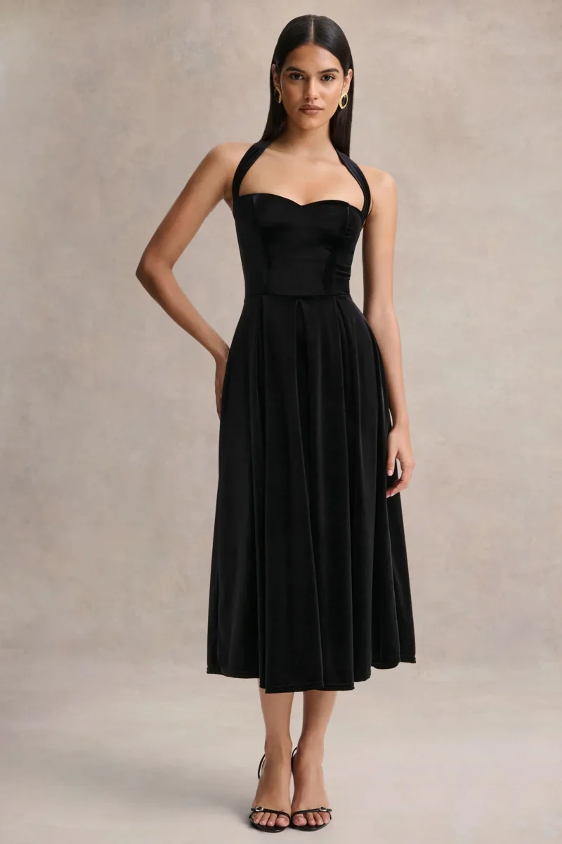 Esmeray | Vestido midi de terciopelo negro con escote corazón - Imagen 2