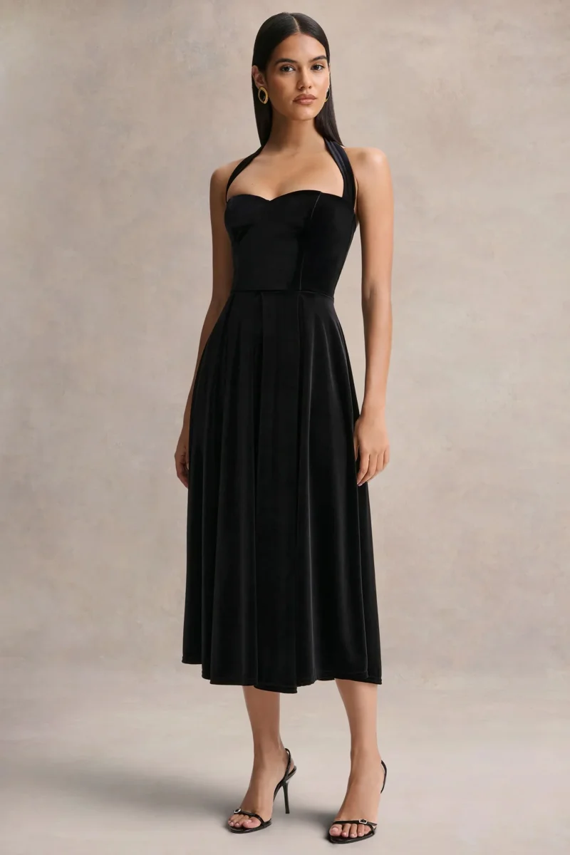 Esmeray | Vestido midi de terciopelo negro con escote corazón - Imagen 4