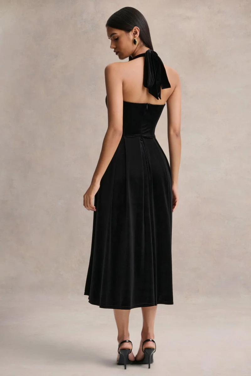 Esmeray | Vestido midi de terciopelo negro con escote corazón - Imagen 6
