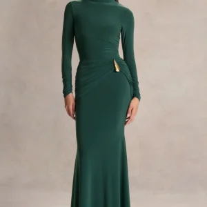Solarium | Vestido Largo Verde de Manga Larga con Detalle Dorado