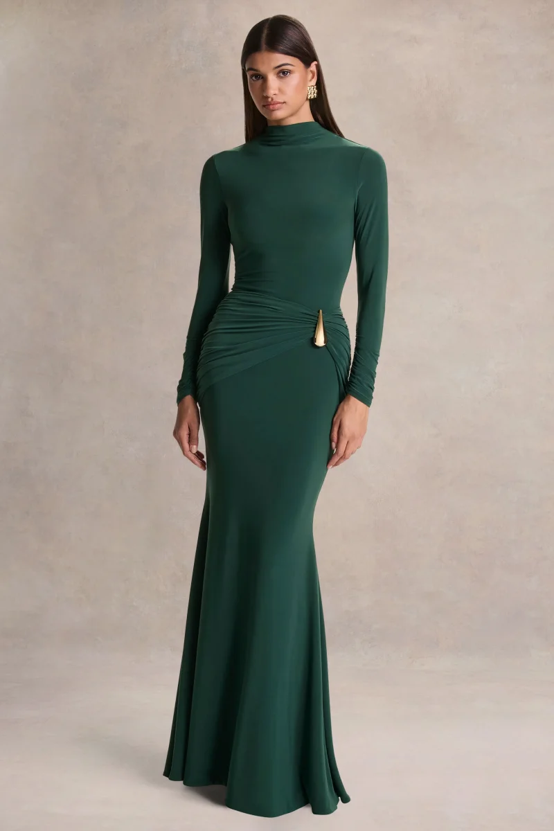 Solarium | Vestido Largo Verde de Manga Larga con Detalle Dorado - Imagen 6