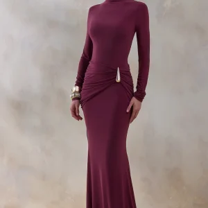 Solarium | Vestido Largo Burdeos de Manga Larga con Detalle Dorado