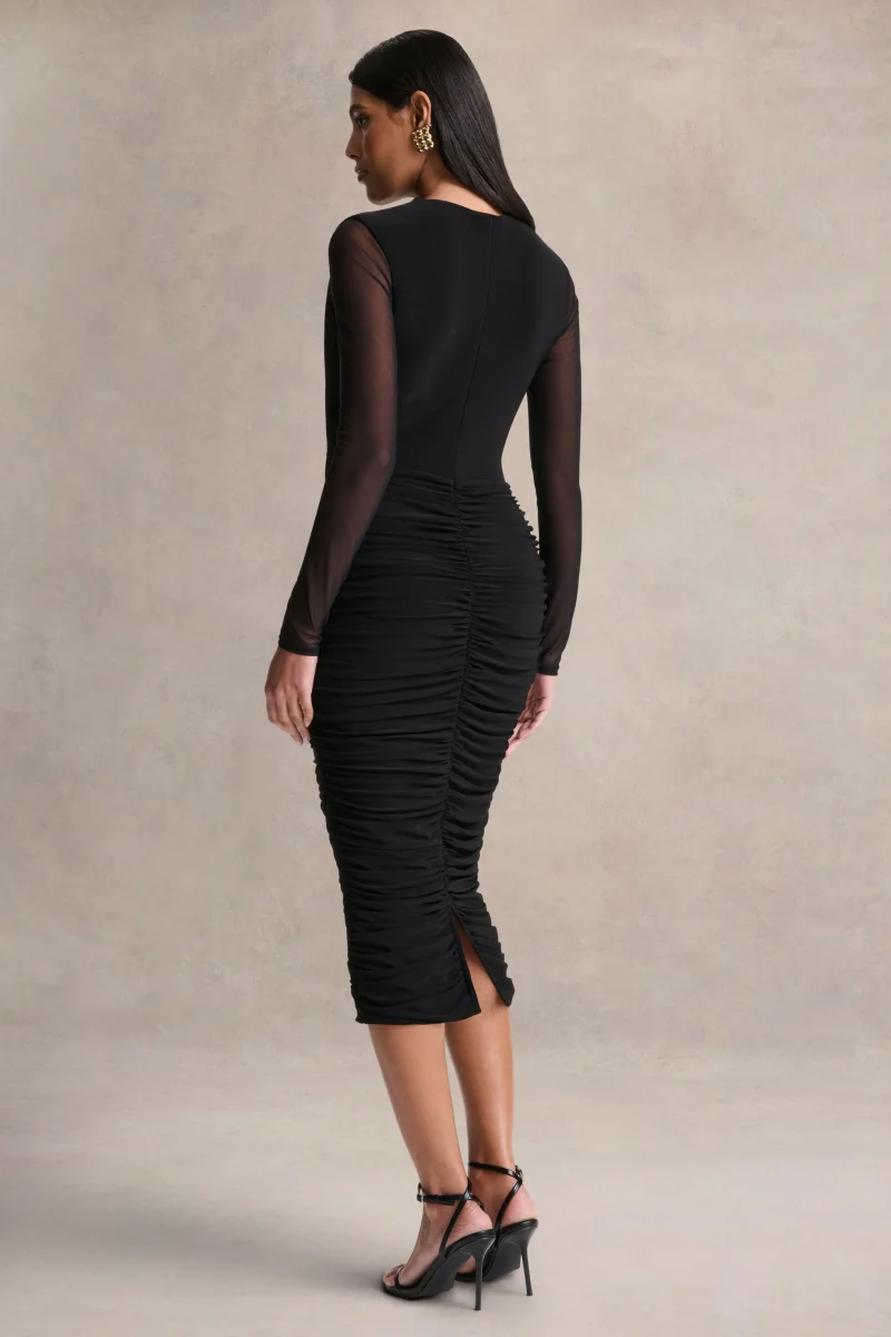 Griselda | Vestido Midi Negro de Escote Pronunciado con Mangas Largas Transparentes - Imagen 3