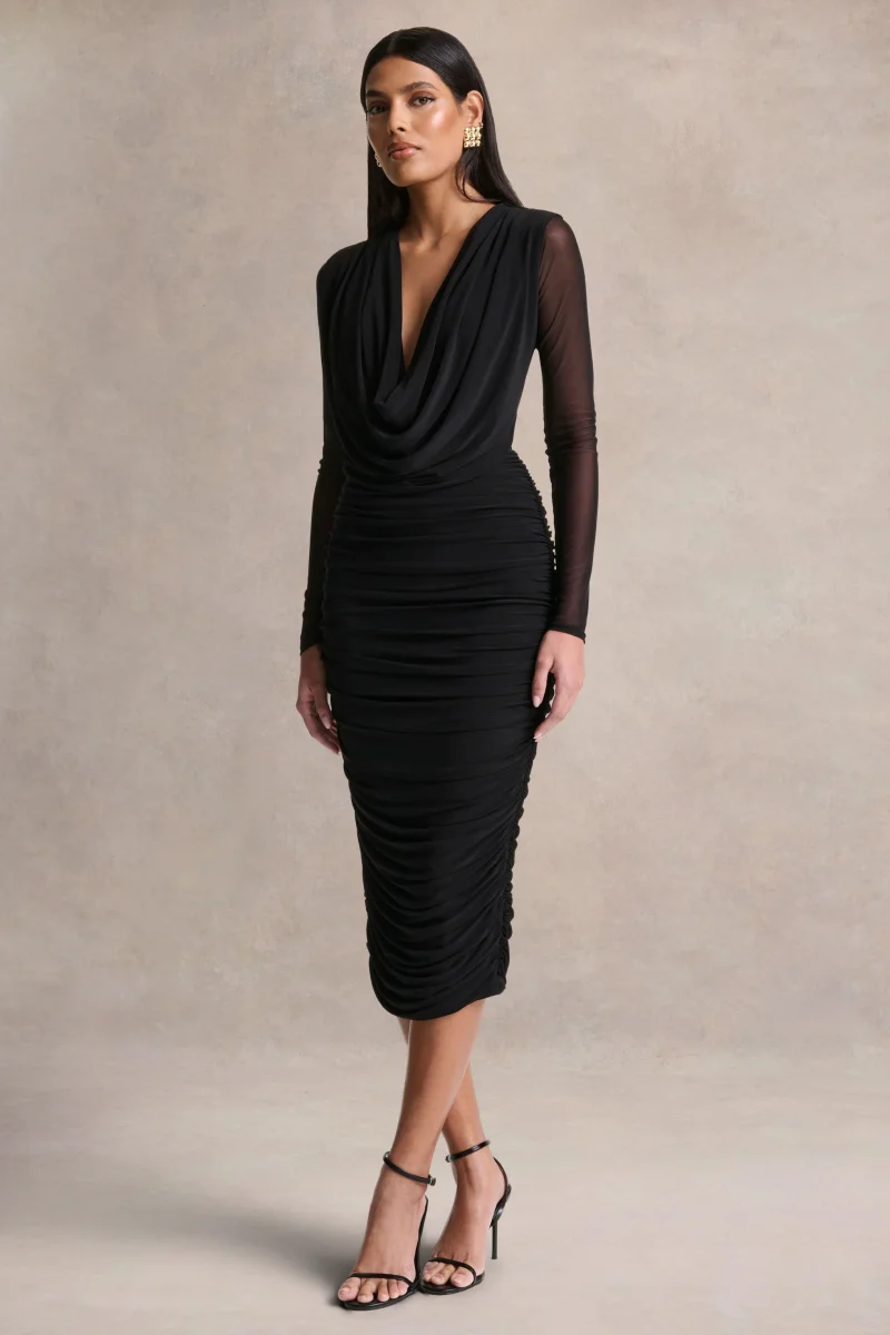 Griselda | Vestido Midi Negro de Escote Pronunciado con Mangas Largas Transparentes - Imagen 6