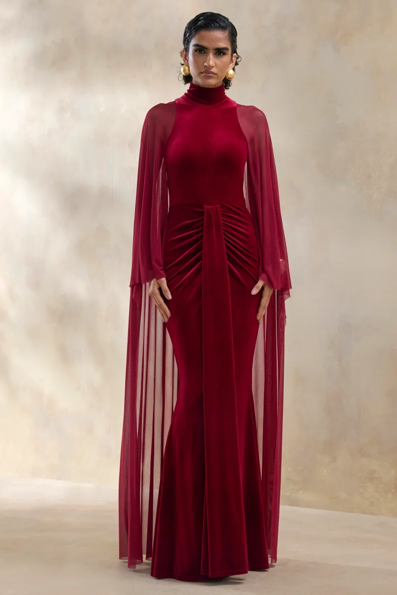 Adoring | Vestido largo burdeos de terciopelo con escote alto - Imagen 6