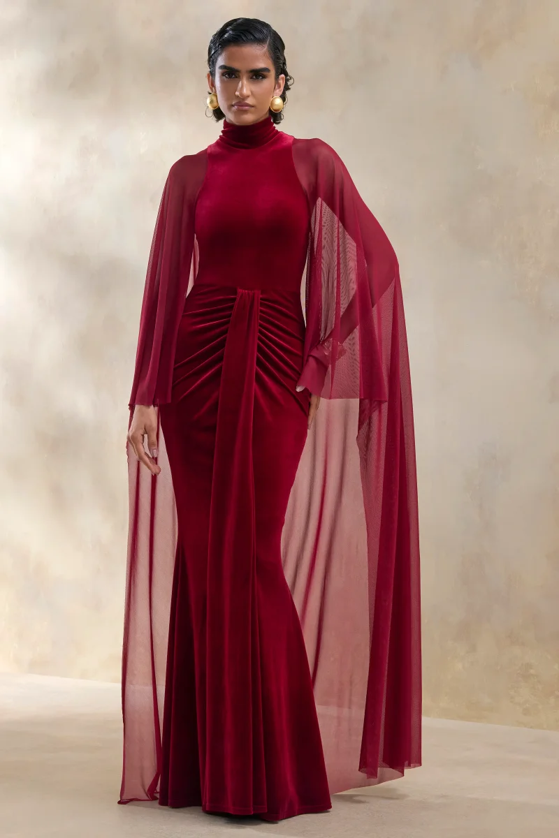 Adoring | Vestido largo burdeos de terciopelo con escote alto - Imagen 5