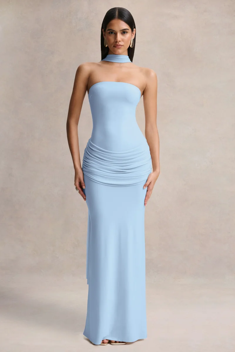 Graciella | Vestido Largo Azul Claro Bandeau Con Drapeado Y Pañuelo - Imagen 7