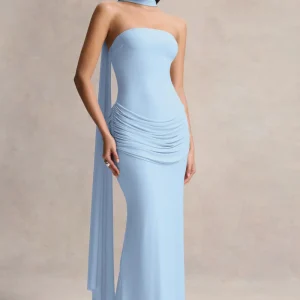 Graciella | Vestido Largo Azul Claro Bandeau Con Drapeado Y Pañuelo