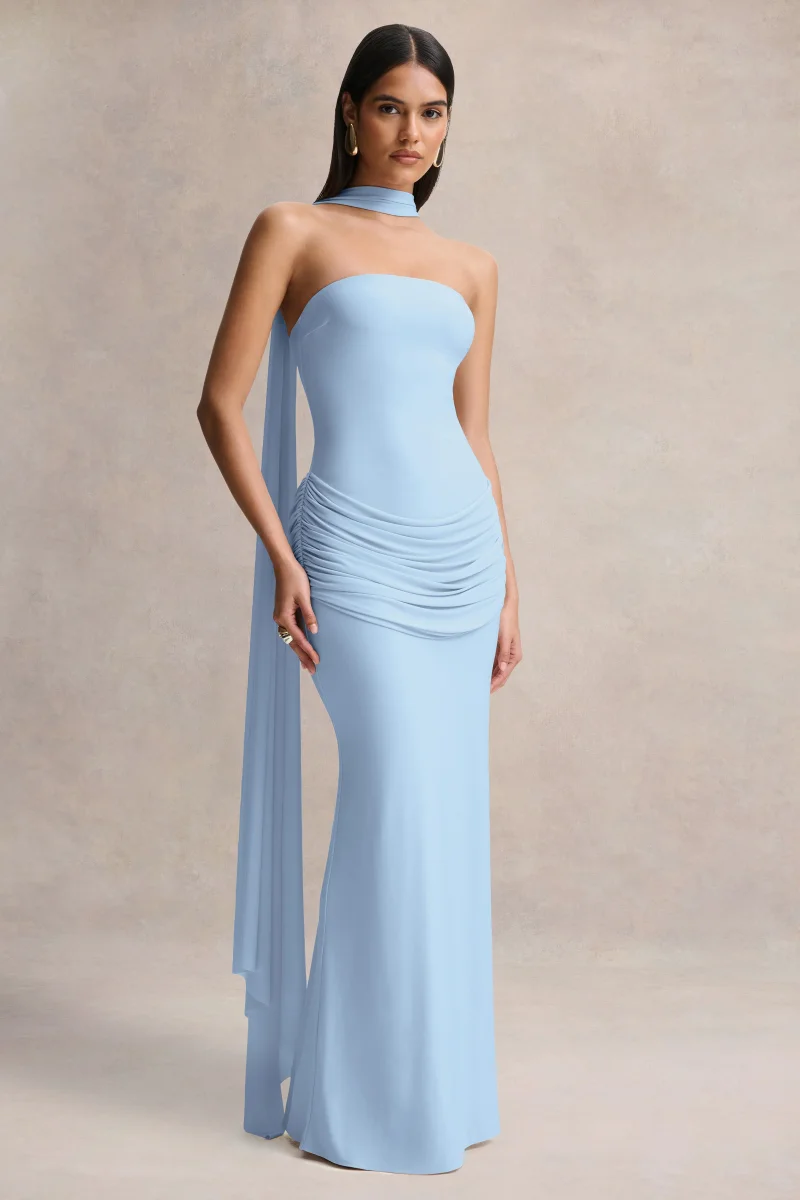 Graciella | Vestido Largo Azul Claro Bandeau Con Drapeado Y Pañuelo