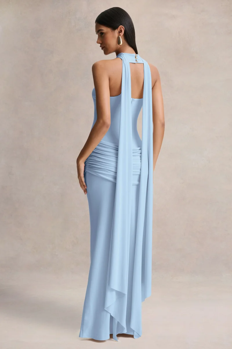 Graciella | Vestido Largo Azul Claro Bandeau Con Drapeado Y Pañuelo - Imagen 3
