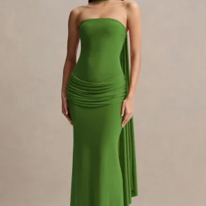 Graciella | Vestido Largo Verde Tipo Bandeau Con Detalle Drapeado Y Pañuelo