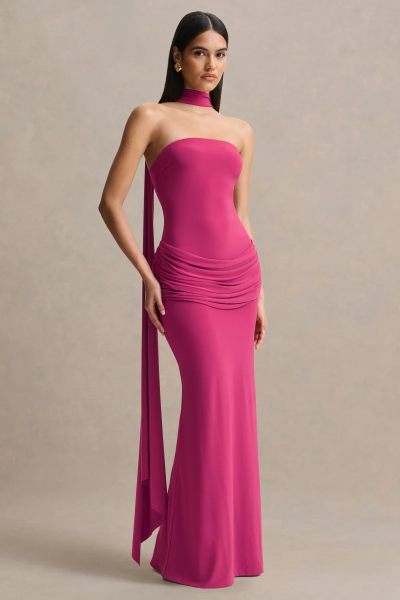 Graciella | Vestido Largo Rosa Intenso Bandeau Con Drapeado Y Pañuelo - Imagen 7