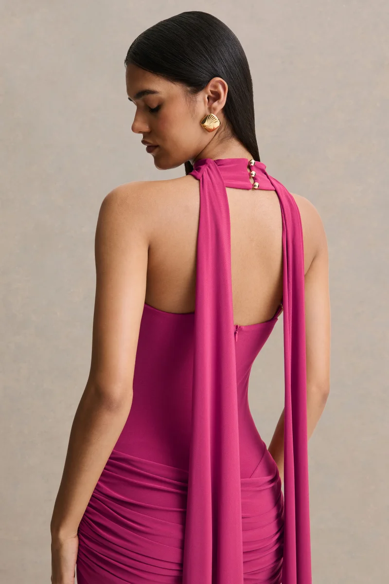 Graciella | Vestido Largo Rosa Intenso Bandeau Con Drapeado Y Pañuelo - Imagen 5