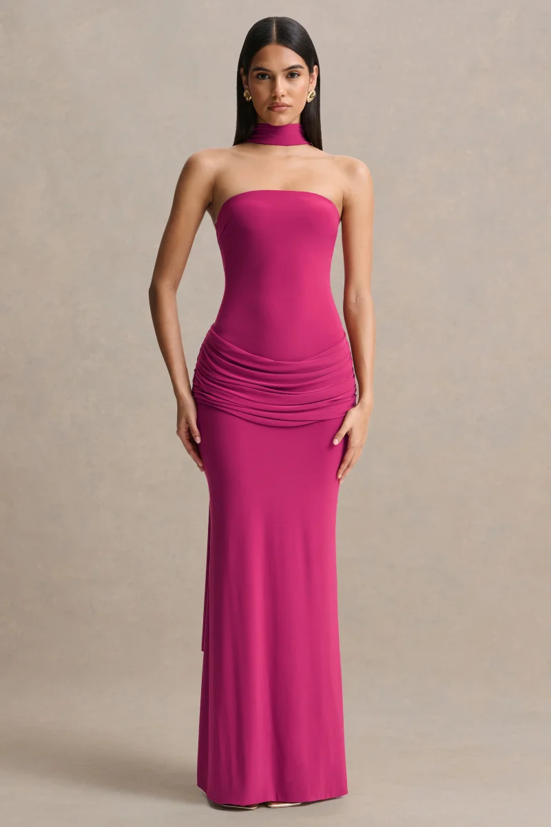 Graciella | Vestido Largo Rosa Intenso Bandeau Con Drapeado Y Pañuelo
