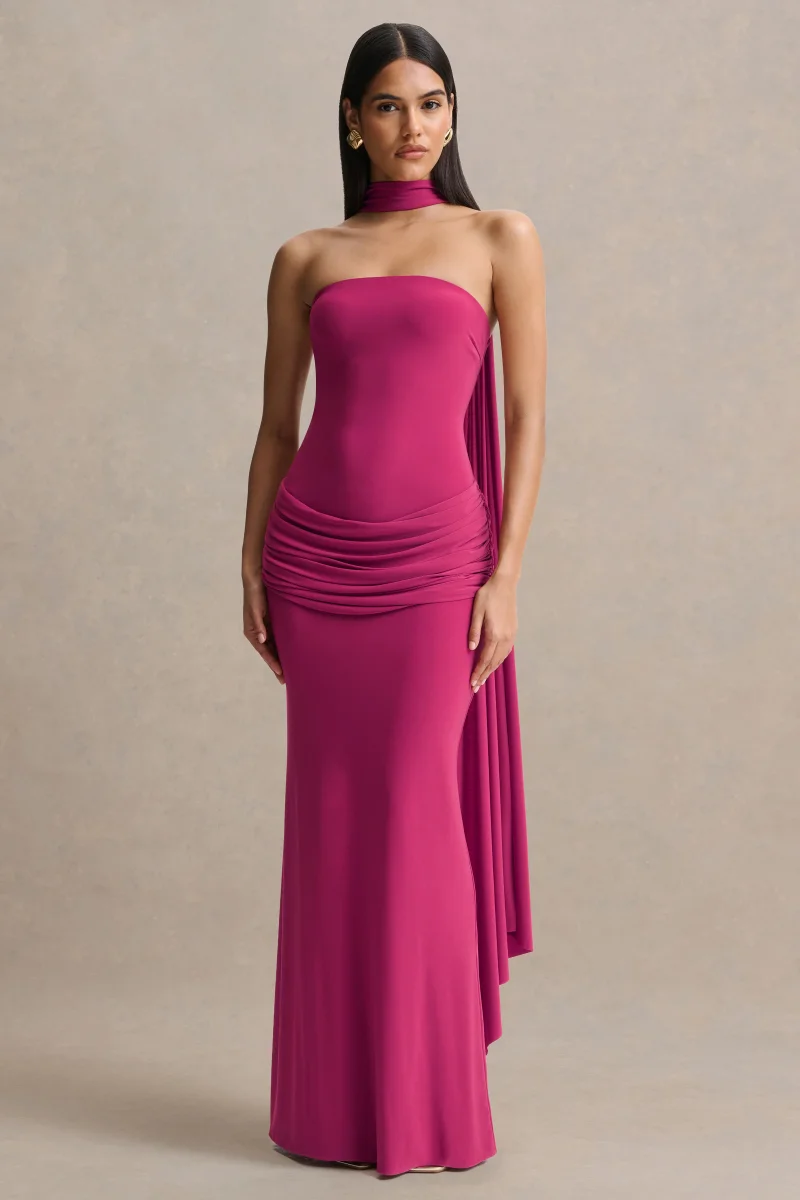 Graciella | Vestido Largo Rosa Intenso Bandeau Con Drapeado Y Pañuelo - Imagen 6