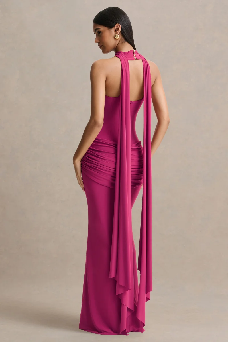 Graciella | Vestido Largo Rosa Intenso Bandeau Con Drapeado Y Pañuelo - Imagen 3