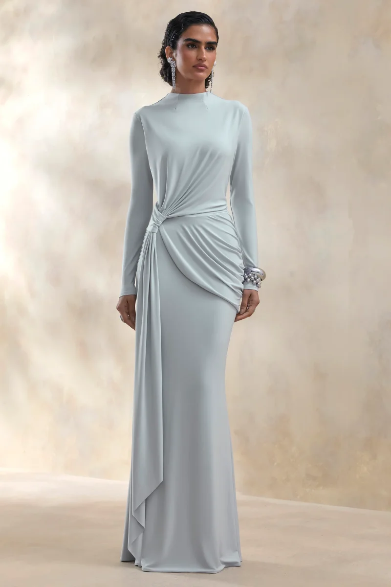 Kyrissa | Vestido largo azul de escote alto con detalles fruncidos - Imagen 6