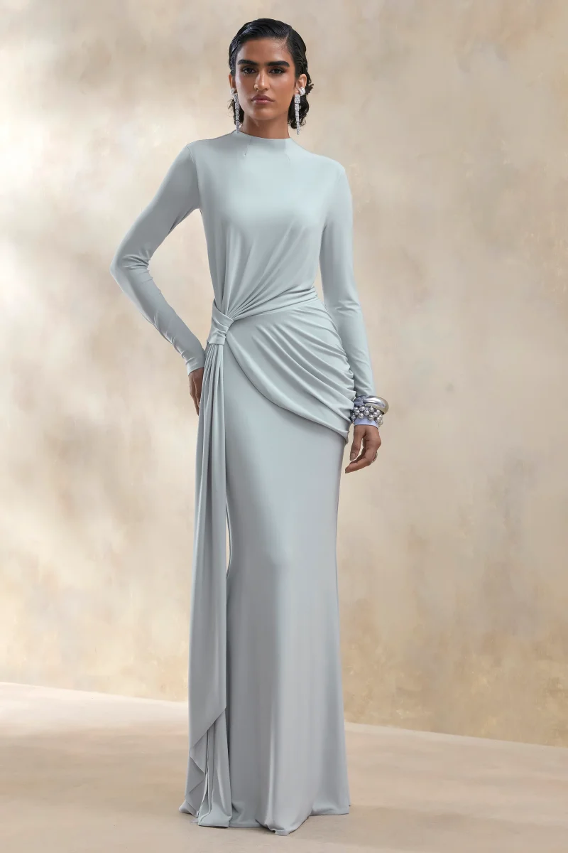 Kyrissa | Vestido largo azul de escote alto con detalles fruncidos - Imagen 5