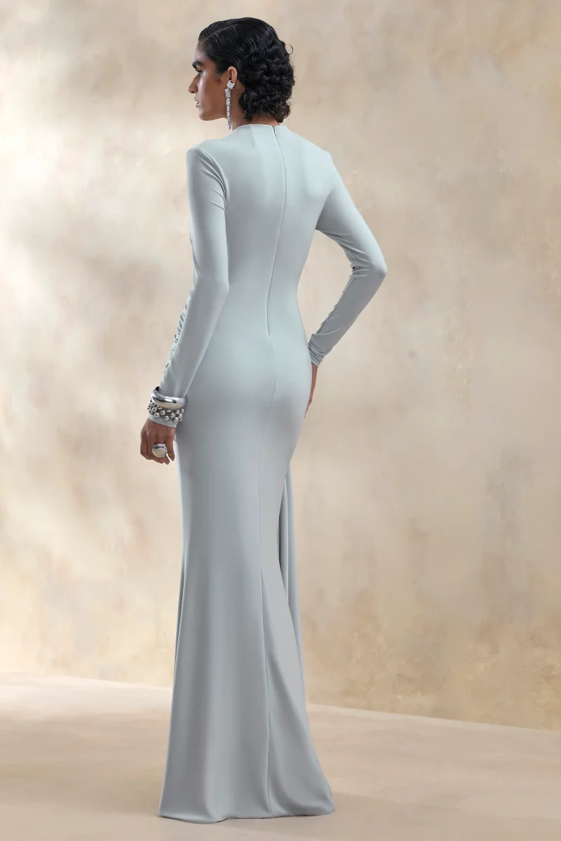 Kyrissa | Vestido largo azul de escote alto con detalles fruncidos - Imagen 3