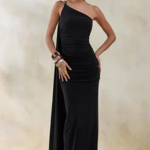 Bettine | Vestido Largo Negro con Escote Asimétrico y Manga Capa