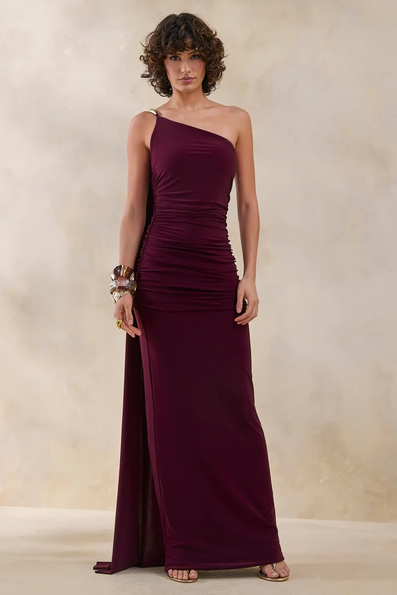 Bettine | Vestido Largo Burdeos con Escote Asimétrico y Manga Capa - Imagen 6