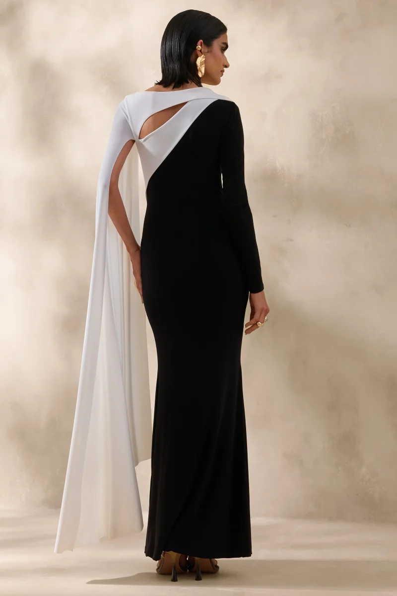 Dabria | Negro y Blanco Escote Asimétrico Vestido Largo con Manga Capa - Imagen 3