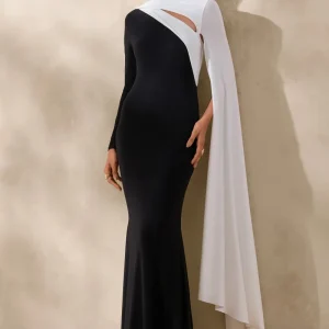 Dabria | Negro y Blanco Escote Asimétrico Vestido Largo con Manga Capa