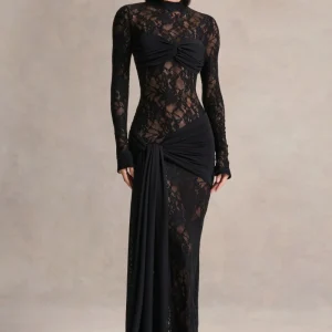 Akira | Vestido Largo de Encaje Negro con Detalle de Fajín