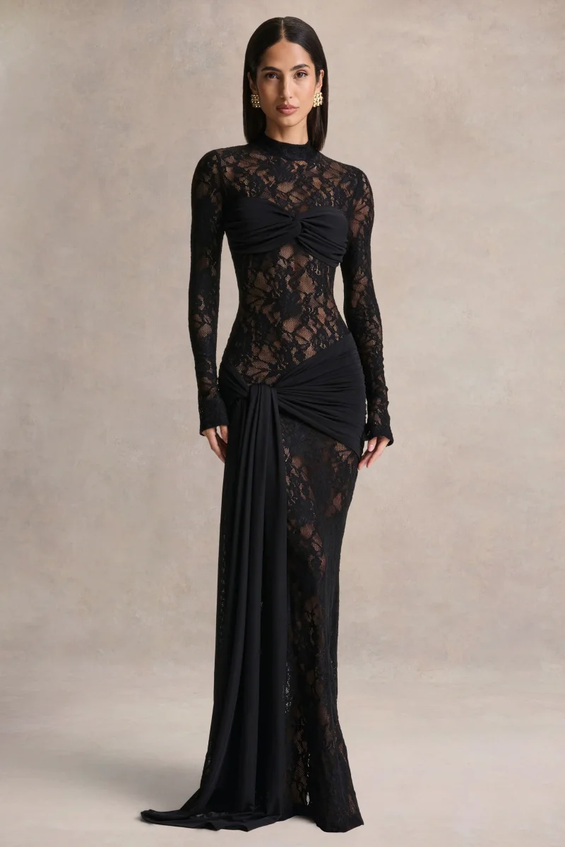 Akira | Vestido Largo de Encaje Negro con Detalle de Fajín