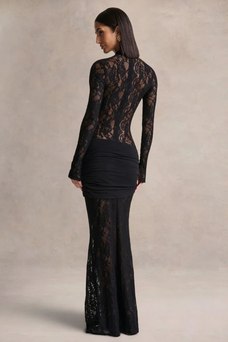 Akira | Vestido Largo de Encaje Negro con Detalle de Fajín - Imagen 3