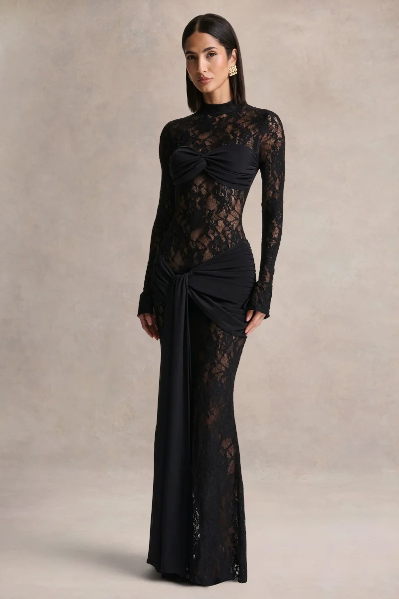 Akira | Vestido Largo de Encaje Negro con Detalle de Fajín - Imagen 5